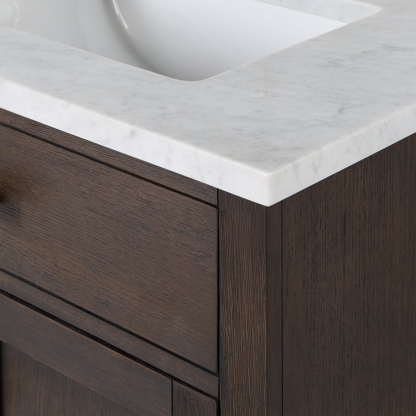 CHESTNUT 72"W x 34.2"H Brown Oak Double-Sink Vanity with Carrara White Marble Countertop + Faucets