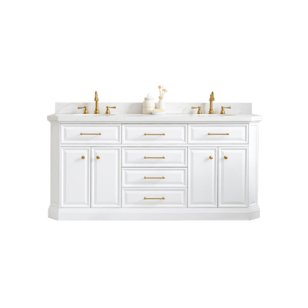 PALACE 72W x 34H Pure White Vanity with Carrara Quartz Countertop + Faucets & Mirrors (F2-0012), Satin Gold Finish Hardware & Chrome Finish Mirror (A)