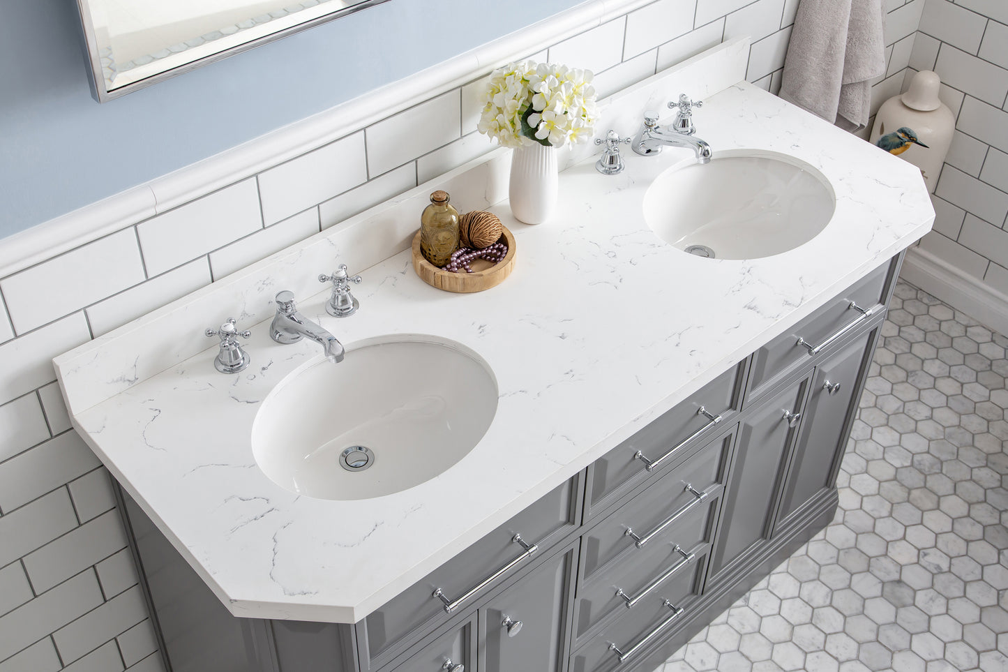 PALACE 60"W x 34"H Cashmere Gray Vanity with Carrara Quartz Countertop + Faucets (F2-0009), Chrome Finish Hardware