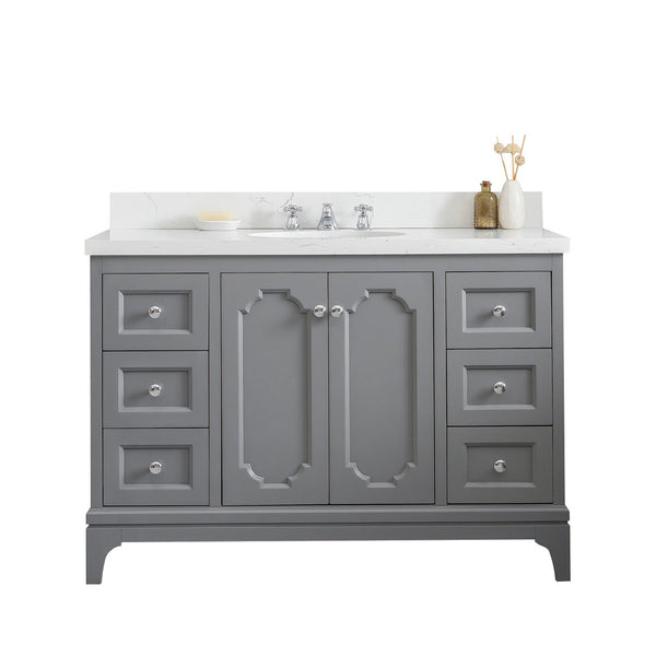 QUEEN 48W x 34H Cashmere Gray Single-Sink Vanity with Carrara Quartz Countertop + Faucets (F2-0009-01-BX)