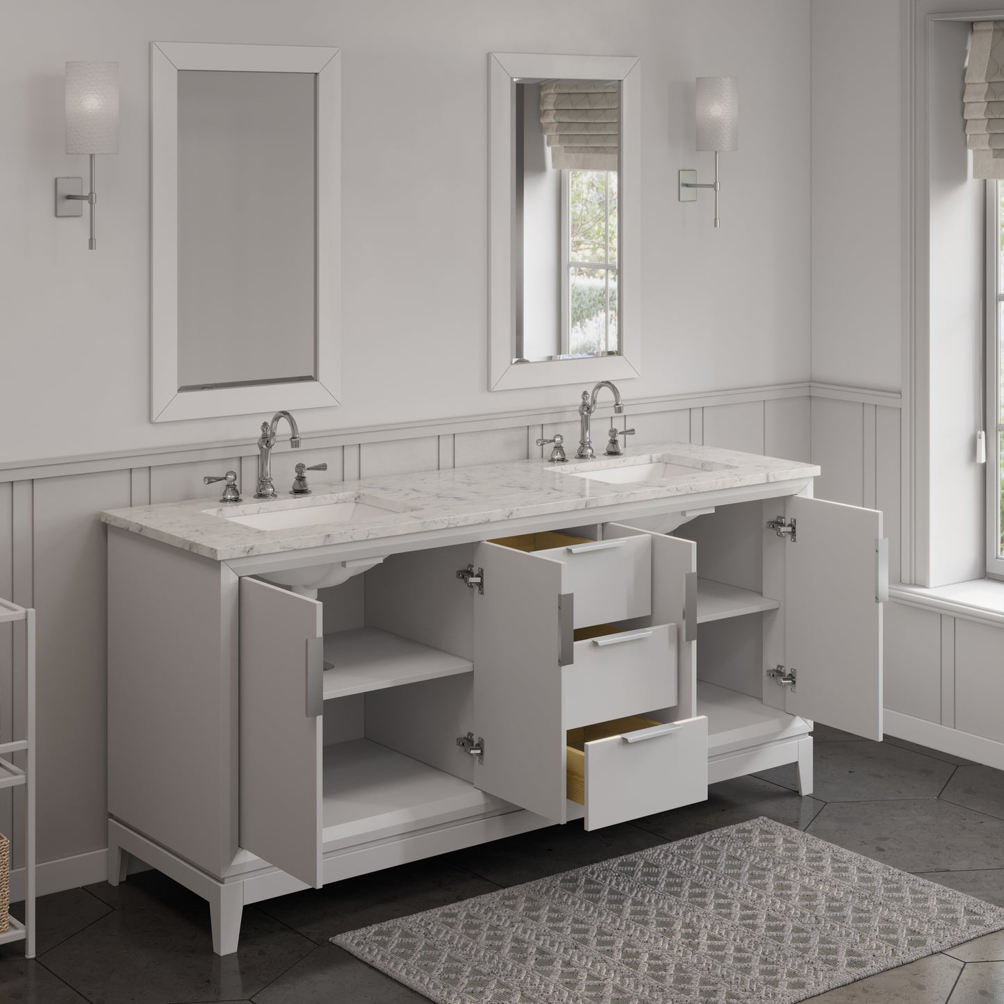 ELIZABETH 72"W x 34.25"H Pure White Double-Sink Vanity with Carrara White Marble Countertop + Mirror