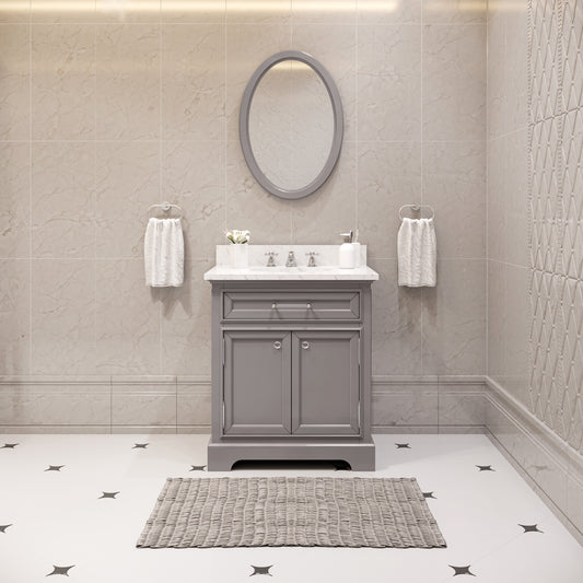 DERBY 30"W x 34"H Cashmere Gray Single-Sink Vanity with Carrara White Marble Countertop + Faucet