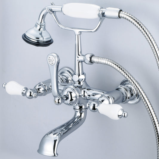 Vintage Classic 7" Spread Wall Mount Tub Faucet With Straight Wall Connector & Handheld Shower in Chrome Finish, With Porcelain Lever Handles Without labels