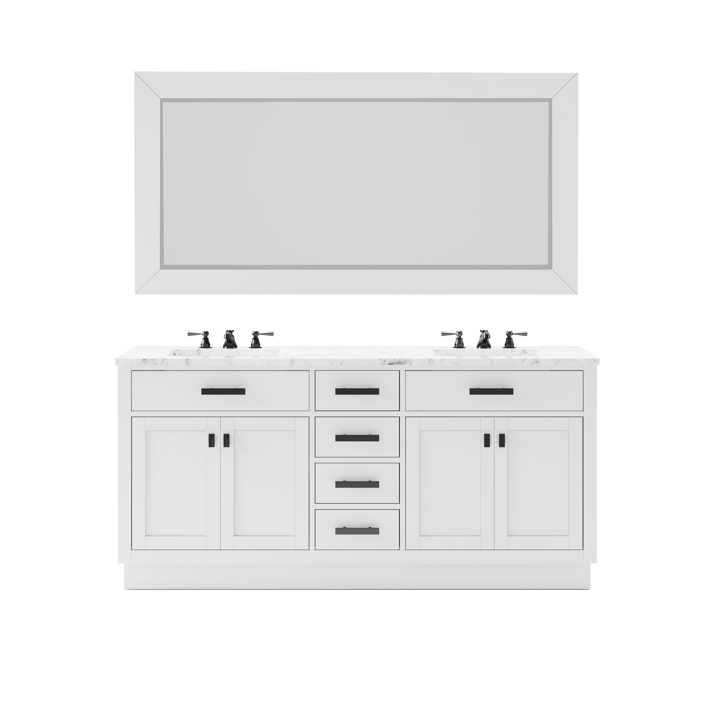 HARTFORD 72"W x 34"H Pure White Double-Sink Vanity with Carrara White Marble Countertop + Gooseneck Faucet and Rectangular Mirror (L)