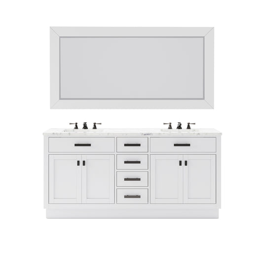 HARTFORD 72"W x 34"H Pure White Double-Sink Vanity with Carrara White Marble Countertop + Gooseneck Faucet and Rectangular Mirror (L)