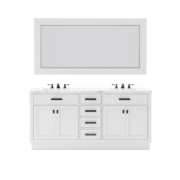 HARTFORD 72W x 34H Pure White Double-Sink Vanity with Carrara White Marble Countertop + Gooseneck Faucet and Rectangular Mirror (L)