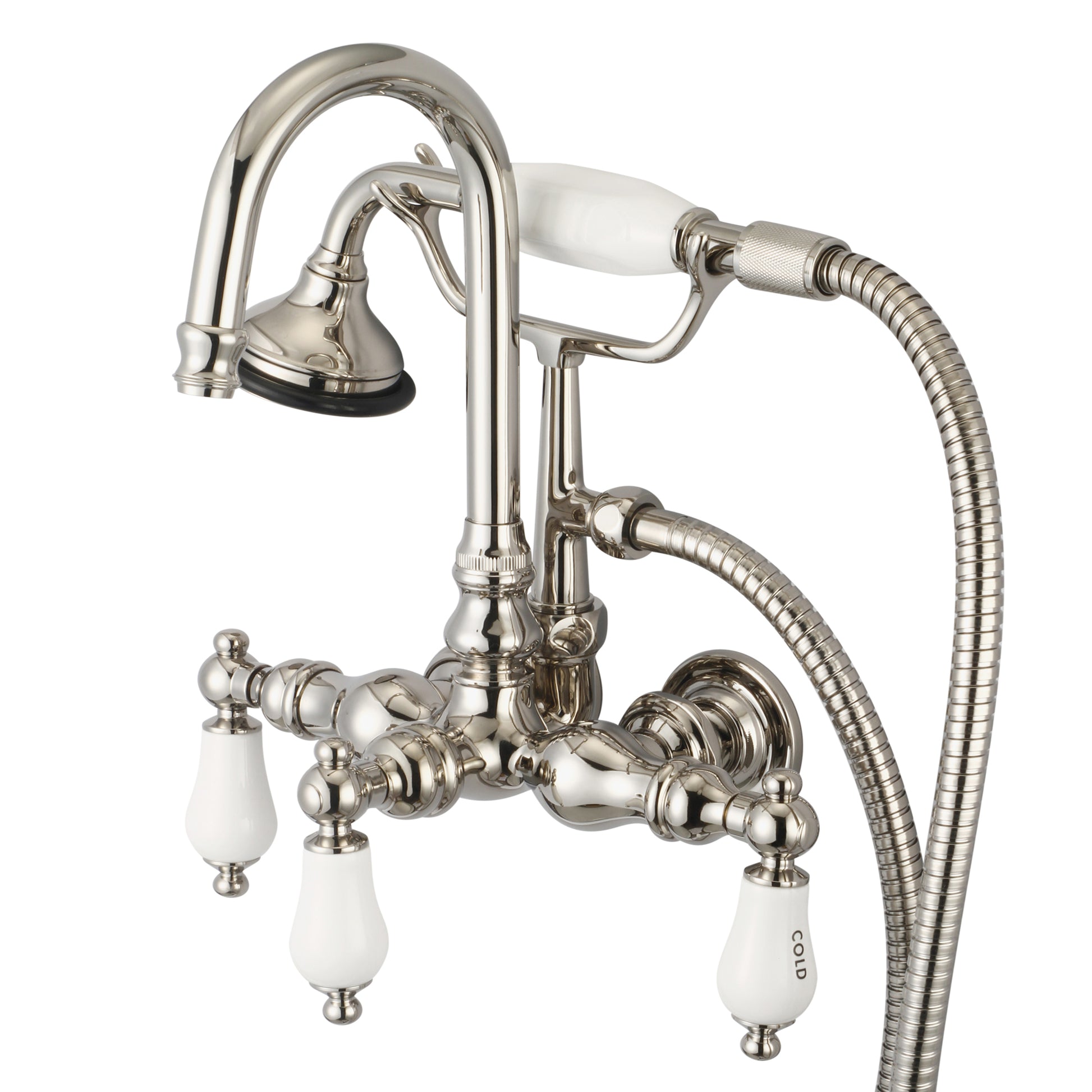 Vintage Classic 3.375" Center Wall Mount Tub Faucet With Gooseneck Spout, Straight Wall Connector & Handheld Shower in Polished Nickel Finish, With Porcelain Lever Handles, Hot And Cold Labels Included