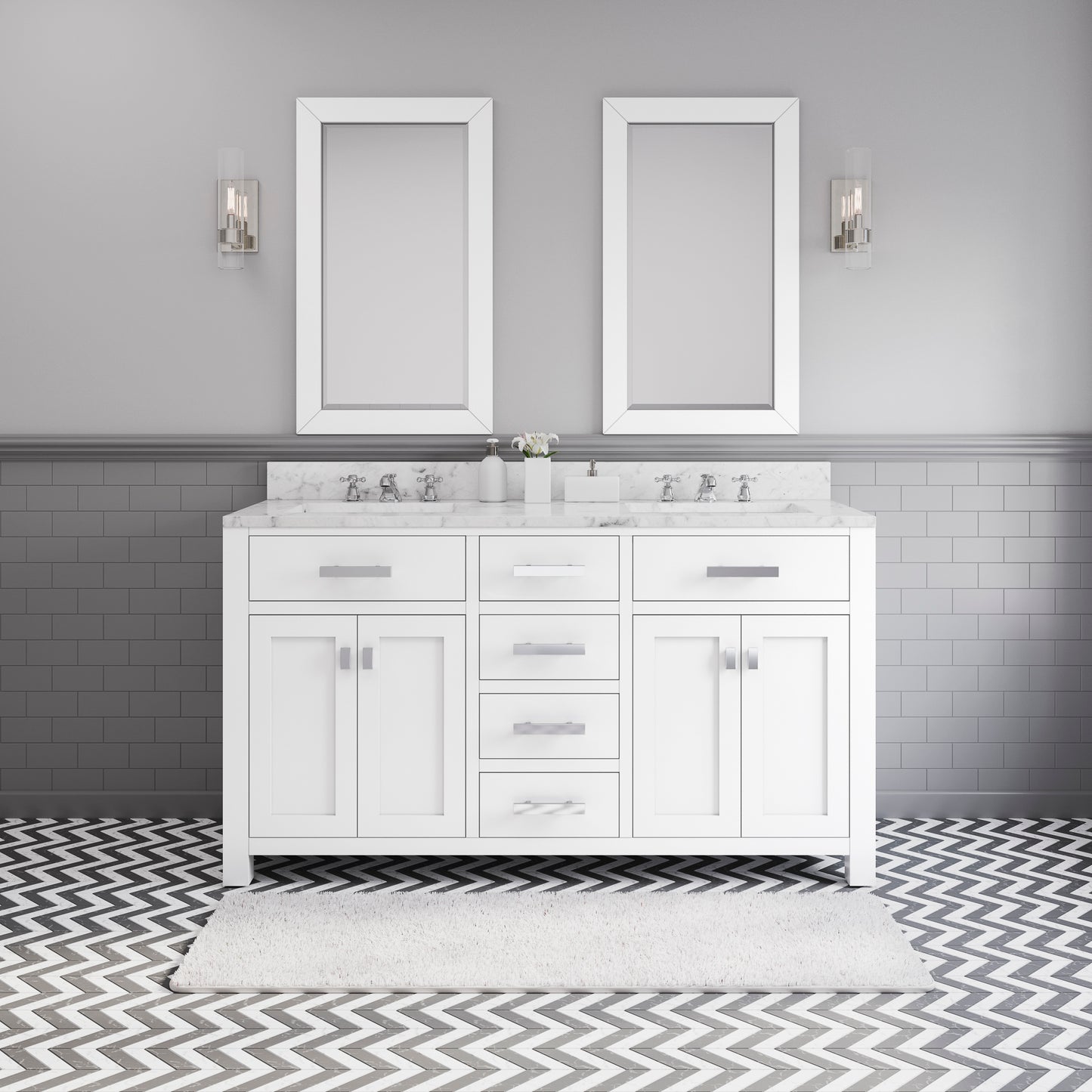 MADISON 60"W x 34"H Pure White Double-Sink Vanity + Faucets