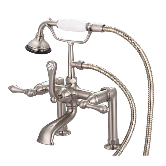 Vintage Classic 7" Spread Deck Mount Tub Faucet With 6" Risers & Handheld Shower in Brushed Nickel Finish, With Metal Lever Handles Without Labels