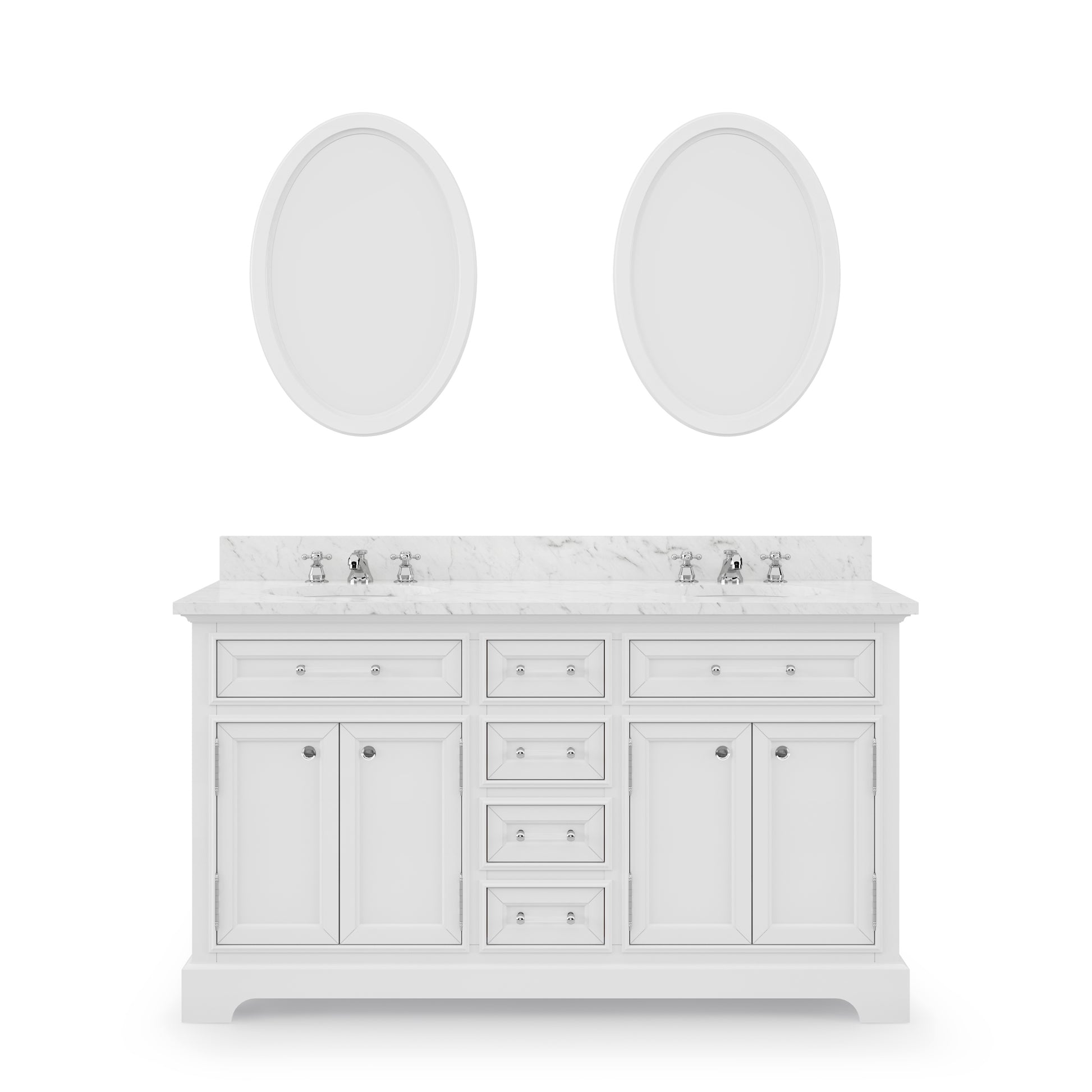 DERBY 60"W x 34"H Pure White Double-Sink Vanity with Carrara White Marble Countertop + Faucets & Mirrors