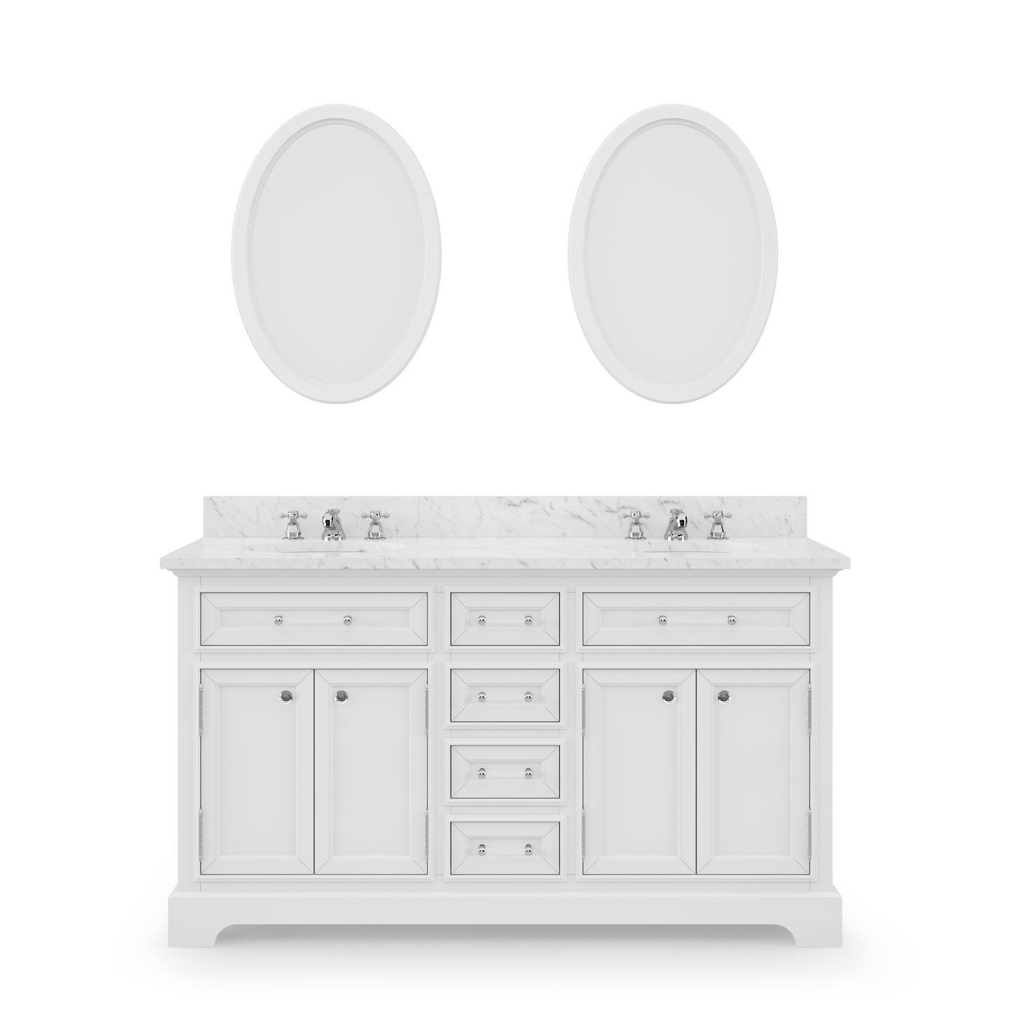 DERBY 60"W x 34"H Pure White Double-Sink Vanity with Carrara White Marble Countertop + Faucets & Mirrors