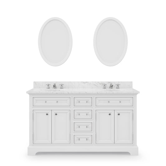 DERBY 60"W x 34"H Pure White Double-Sink Vanity with Carrara White Marble Countertop + Faucets & Mirrors