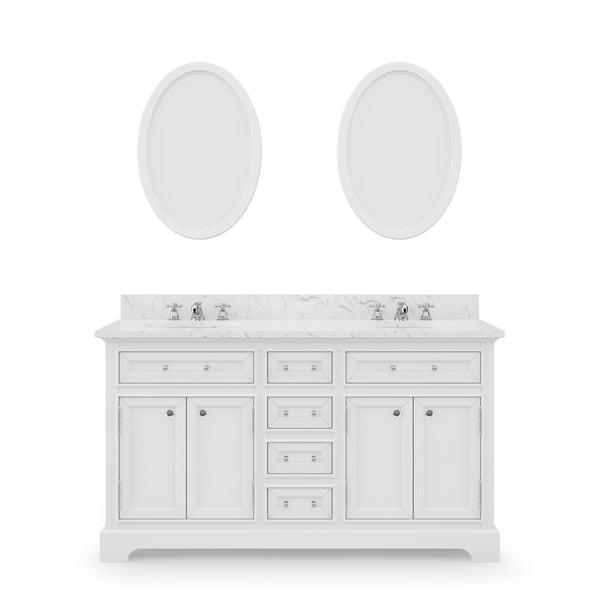 DERBY 60W x 34H Pure White Double-Sink Vanity with Carrara White Marble Countertop + Faucets & Mirrors