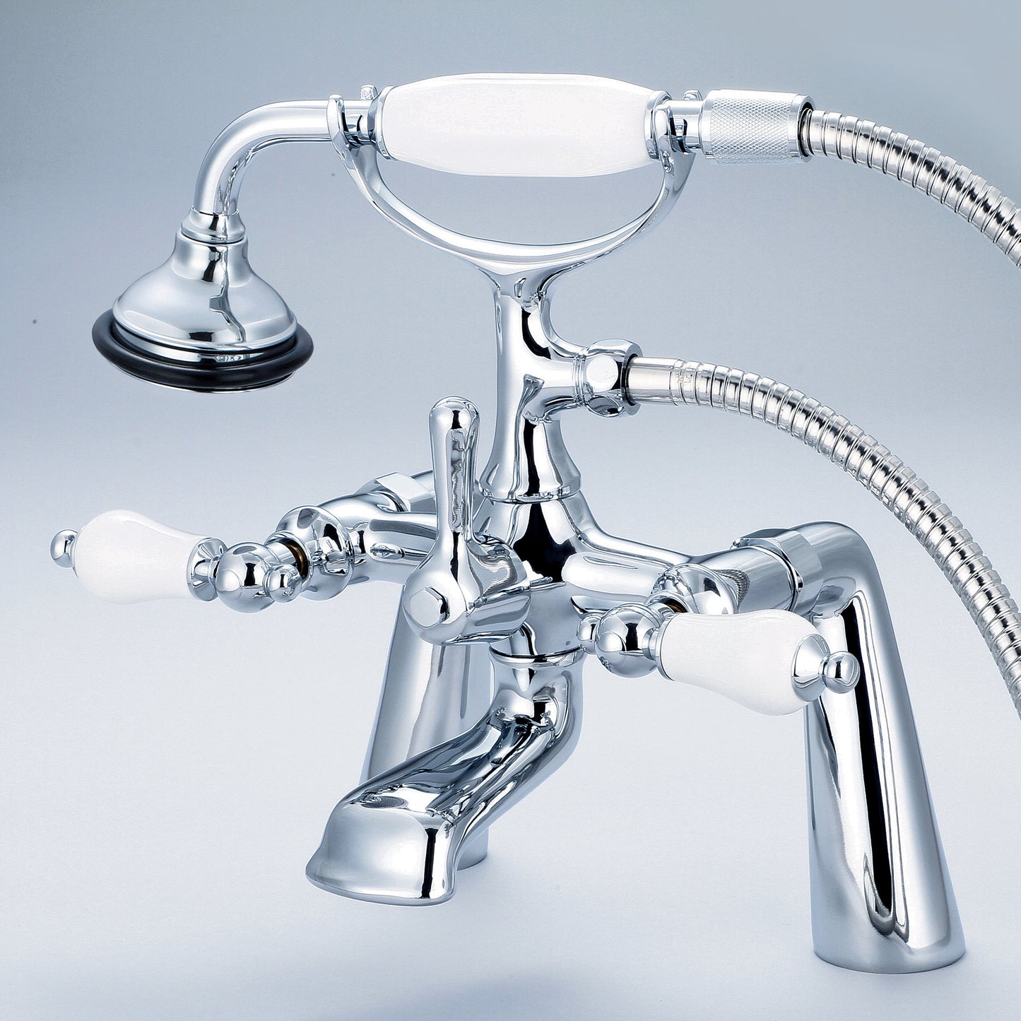 Vintage Classic 7" Spread Deck Mount Tub Faucet With Handheld Shower in Chrome Finish, With Porcelain Lever Handles Without labels