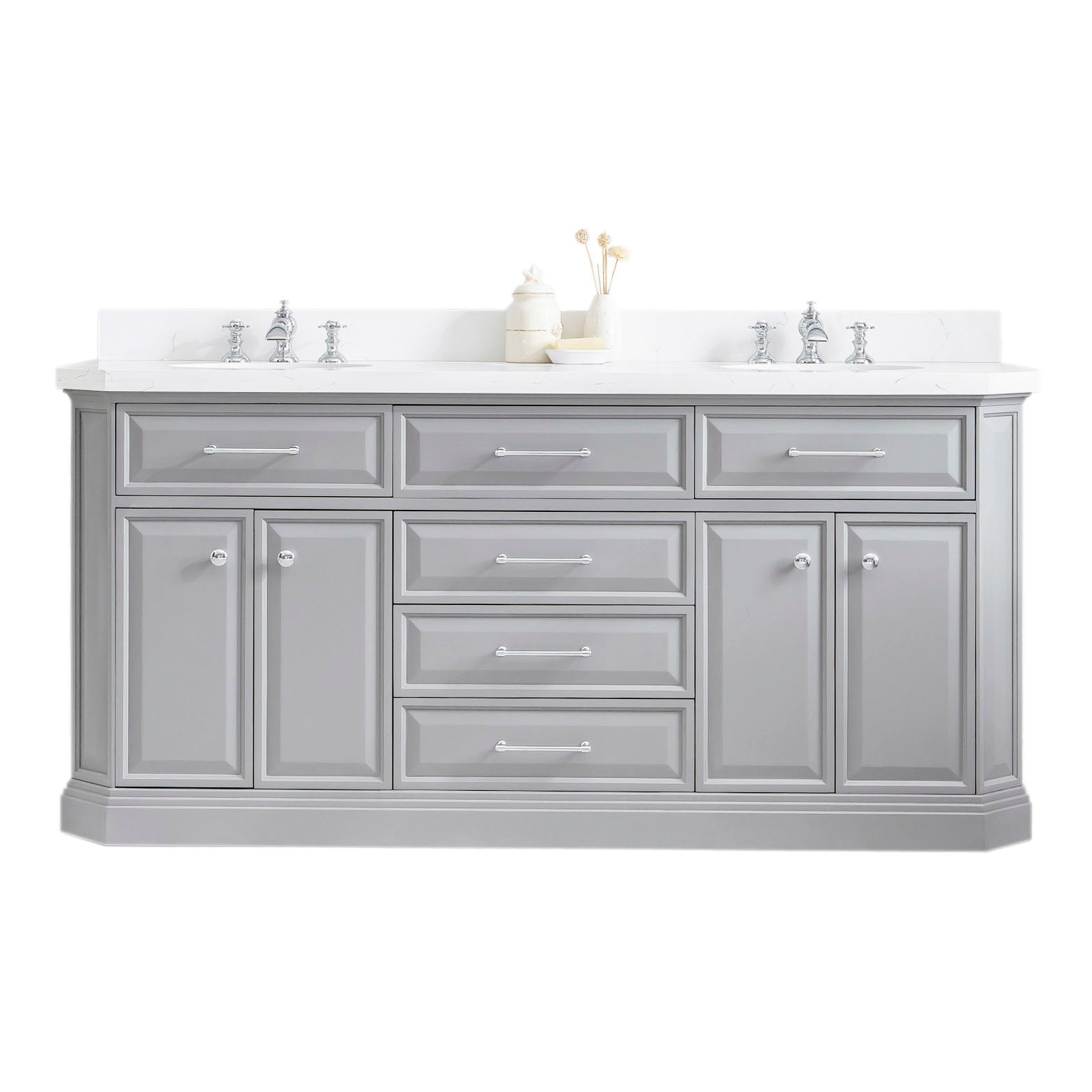 PALACE 72"W x 34"H Cashmere Gray Vanity with Carrara Quartz Countertop + Faucets (F2-0013), Chrome Finish Hardware