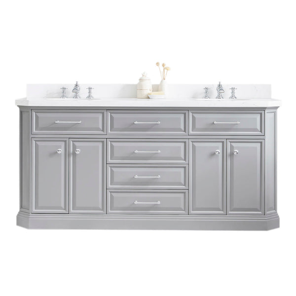 PALACE 72W x 34H Cashmere Gray Vanity with Carrara Quartz Countertop + Faucets (F2-0013), Chrome Finish Hardware