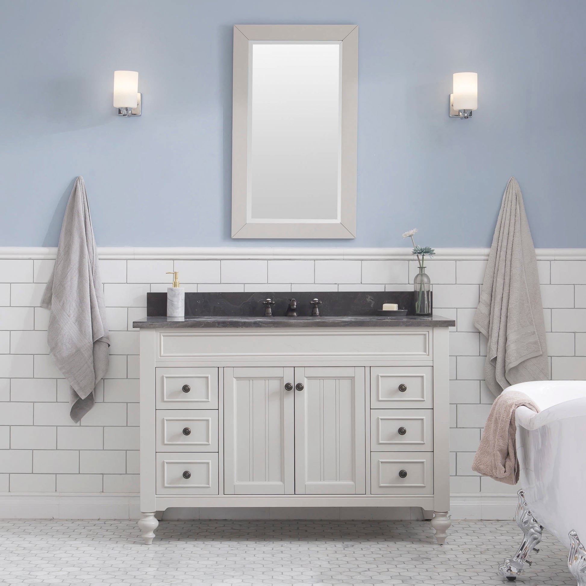 POTENZA 48"W x 34"H Earl Gray Vanity with Blue Limestone Countertop + Faucets A & Mirror 