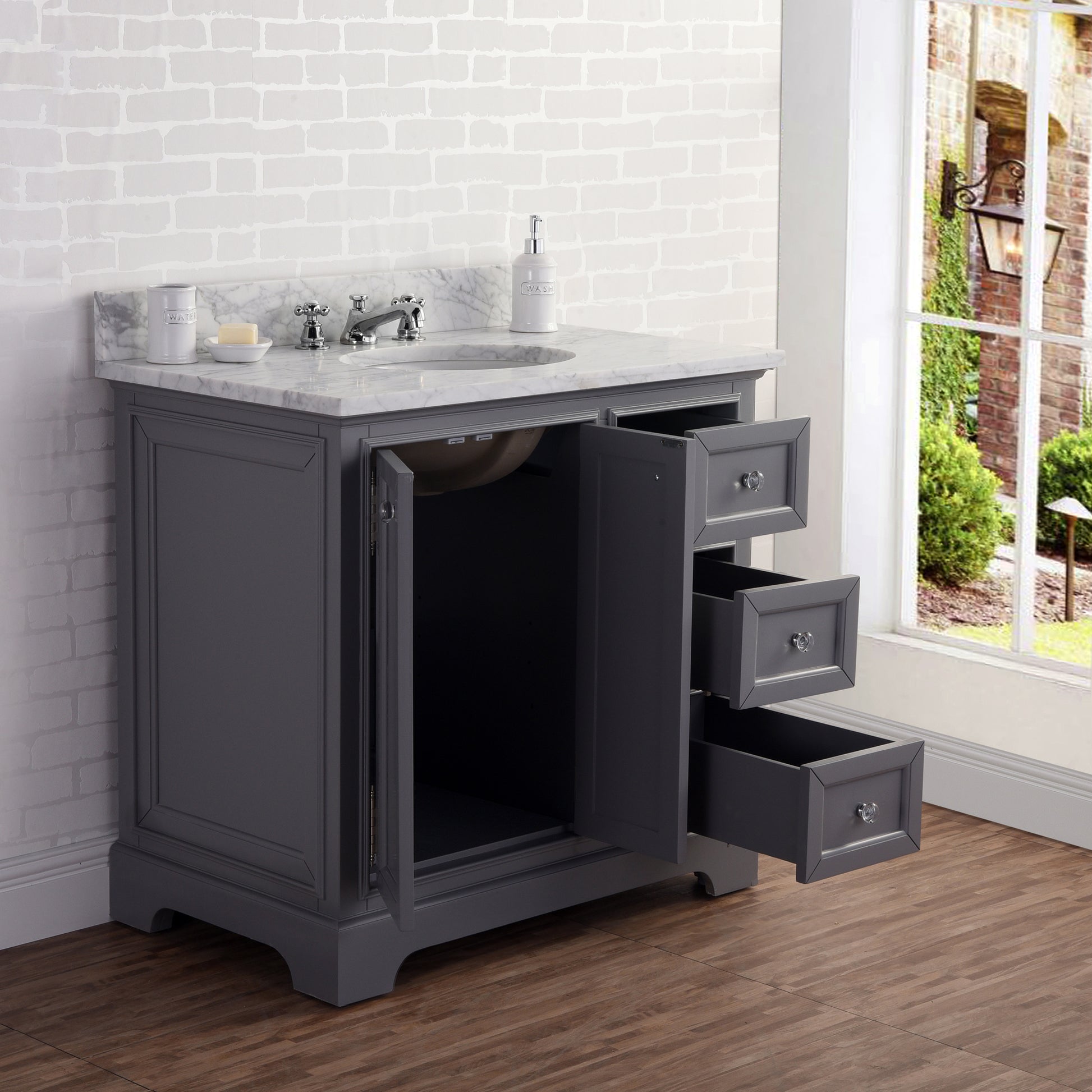 DERBY 36"W x 34"H Cashmere Gray Single-Sink Vanity with Carrara White Marble Countertop + Faucet & Mirror