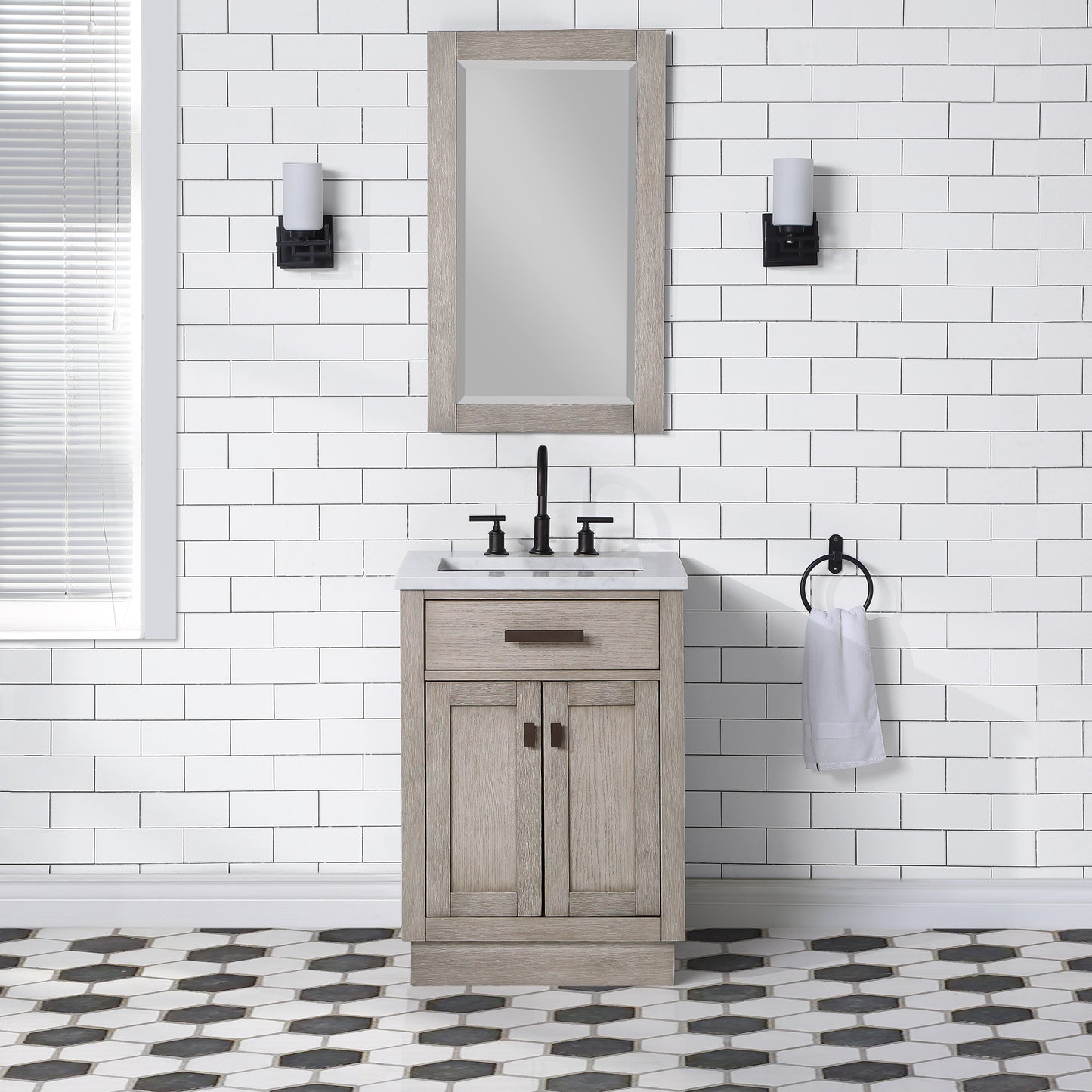 CHESTNUT 24"W x 34.2"H Gray Oak Single-Sink Vanity with Carrara White Marble Countertop + Mirror