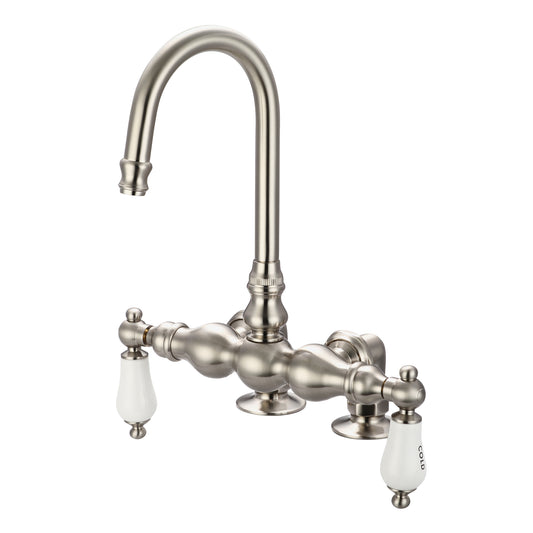 Vintage Classic 3.375" Center Deck Mount Tub Faucet With Gooseneck Spout & 2" Risers in Brushed Nickel Finish, With Porcelain Lever Handles, Hot And Cold Labels Included