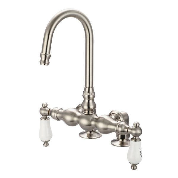 Vintage Classic 3.375 Center Deck Mount Tub Faucet With Gooseneck Spout & 2 Risers in Brushed Nickel Finish, With Porcelain Lever Handles, Hot And Cold Labels Included