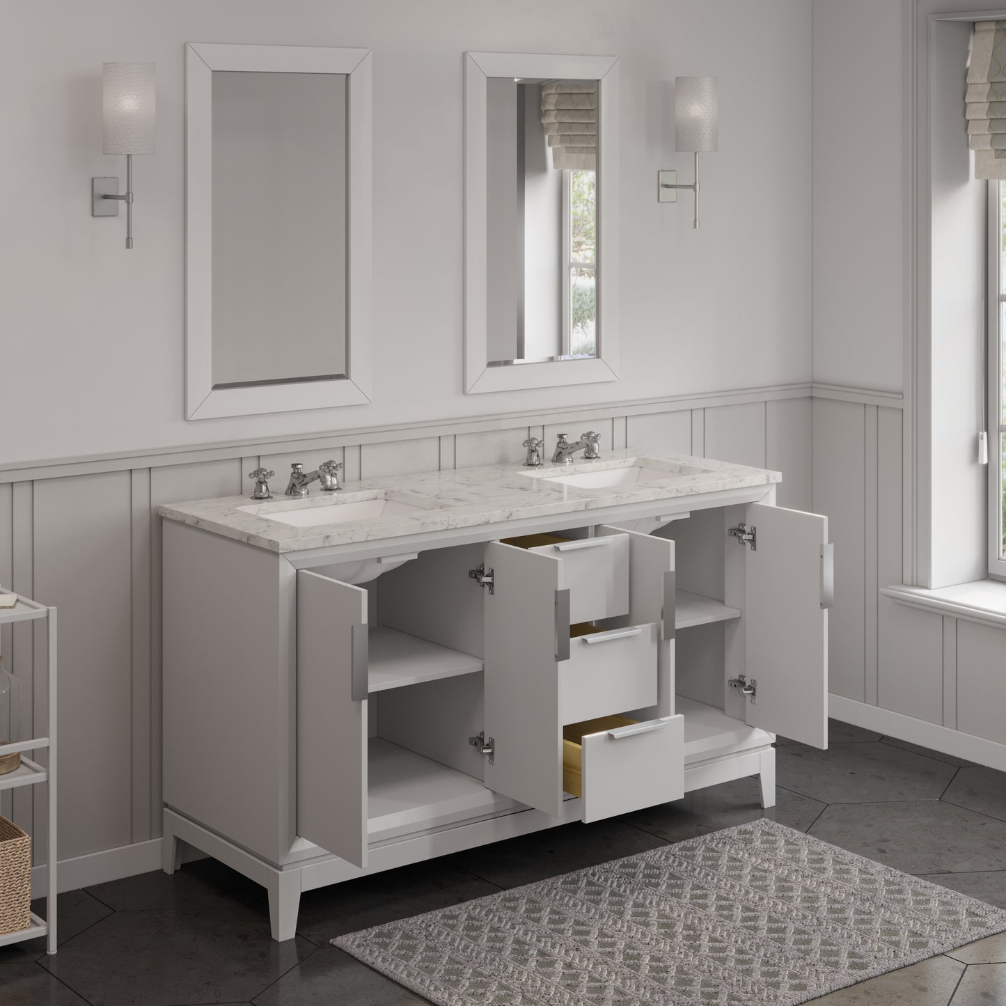 ELIZABETH 60"W x 34.25"H Pure White Double-Sink Vanity with Carrara White Marble Countertop + Faucets & Mirror (F2-0009-01-BX)