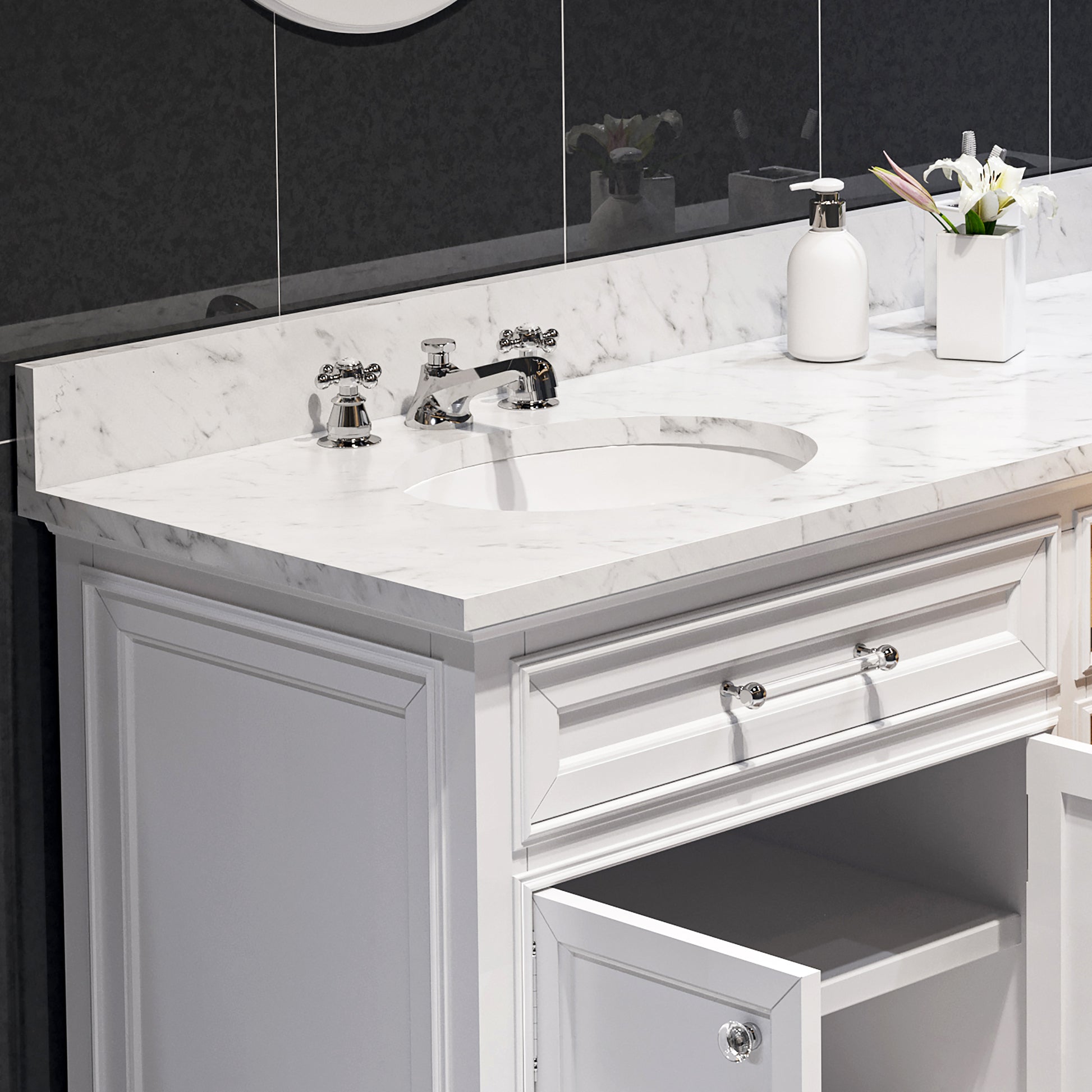 DERBY 72"W x 34"H Pure White Double-Sink Vanity with Carrara White Marble Countertop + Mirrors