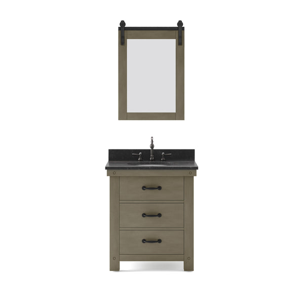 ABERDEEN 30W x 34H Grizzle Gray Single-Sink Vanity with Blue Limestone Countertop + Hook Faucet and Mirror