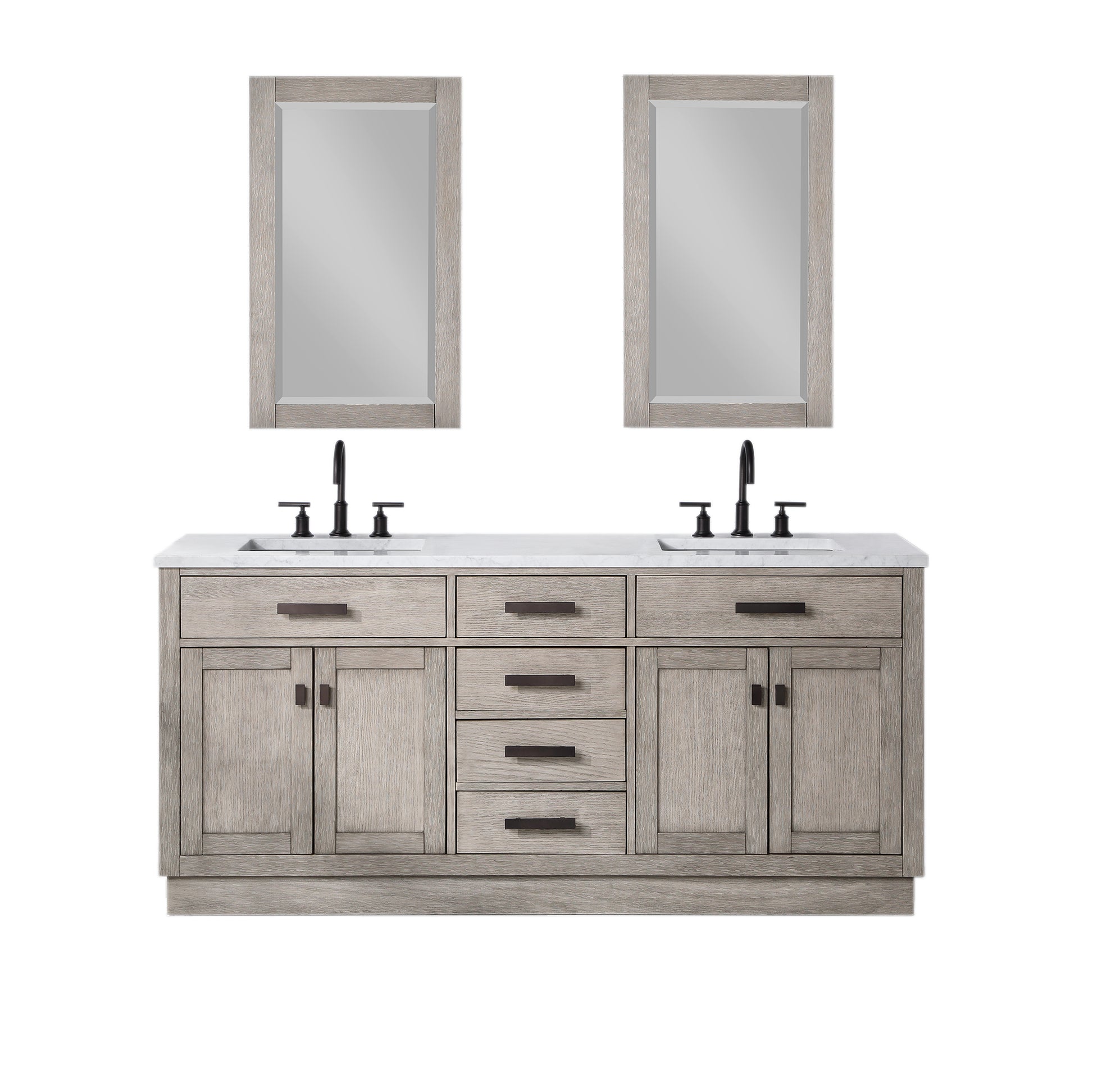 CHESTNUT 72"W x 34.2"H Gray Oak Double-Sink Vanity with Carrara White Marble Countertop + Mirrors