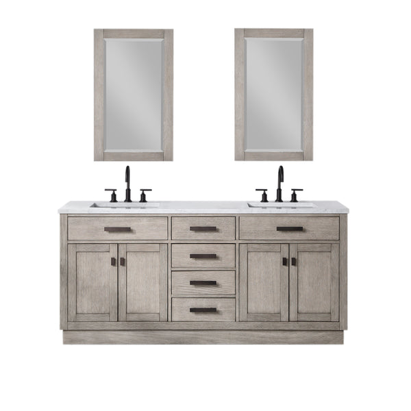 CHESTNUT 72W x 34.2H Gray Oak Double-Sink Vanity with Carrara White Marble Countertop + Mirrors