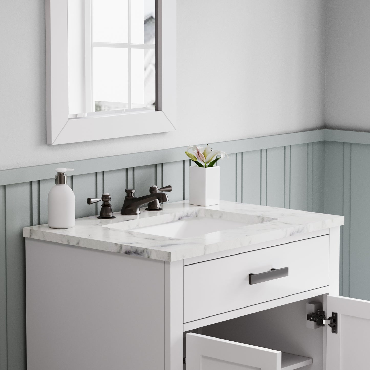 HARTFORD 30"W x 34"H Pure White Single-Sink Vanity with Carrara White Marble Countertop + Classic Faucet