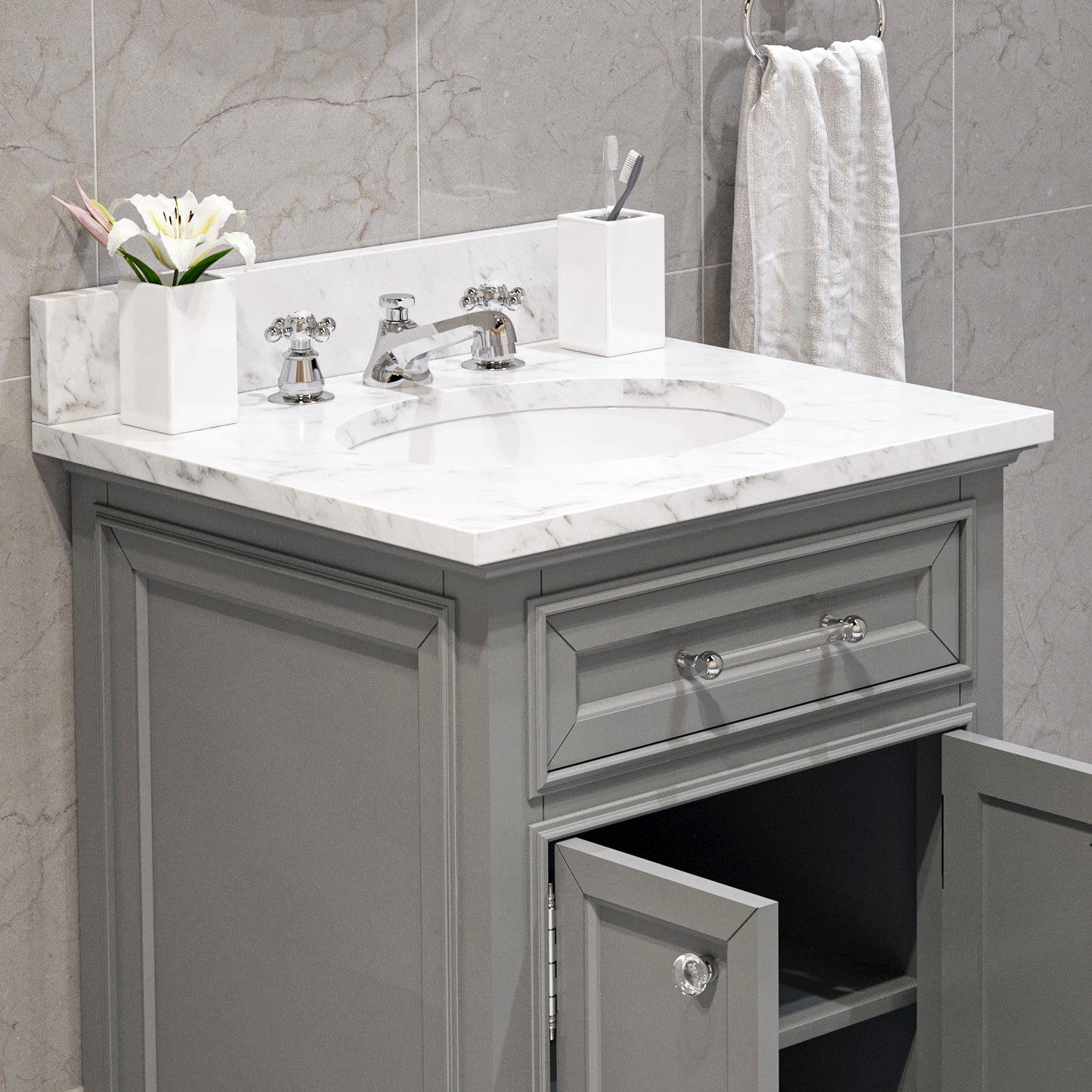 DERBY 24"W x 34"H Cashmere Gray Single-Sink Vanity with Carrara White Marble Countertop + Faucet & Mirror