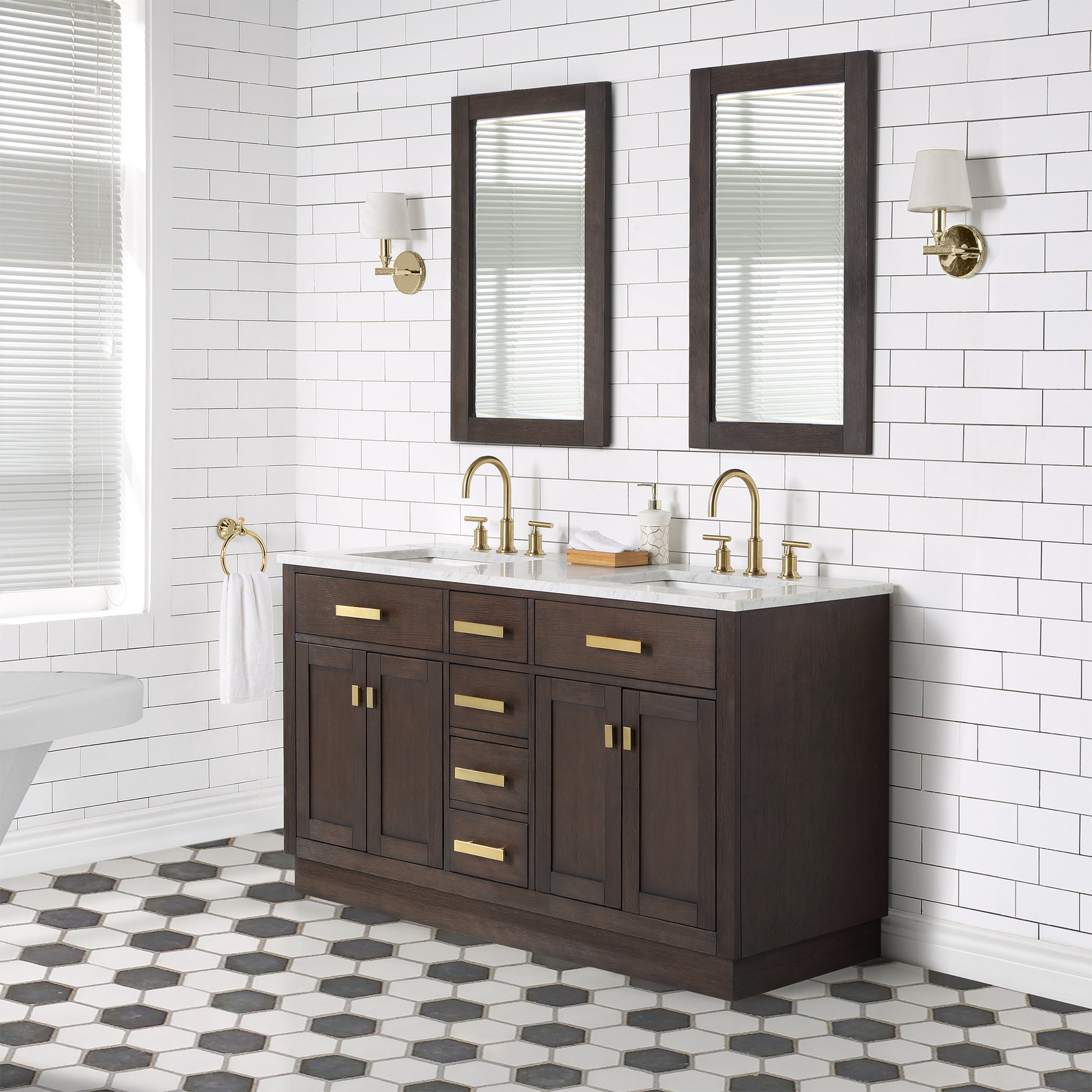 CHESTNUT 60"W x 34.2"H Brown Oak Double-Sink Vanity with Carrara White Marble Countertop + Faucets & Mirrors