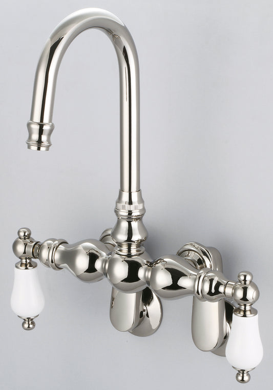 Vintage Classic Adjustable Spread Wall Mount Tub Faucet With Gooseneck Spout & Swivel Wall Connector in Polished Nickel Finish, With Porcelain Lever Handles Without labels