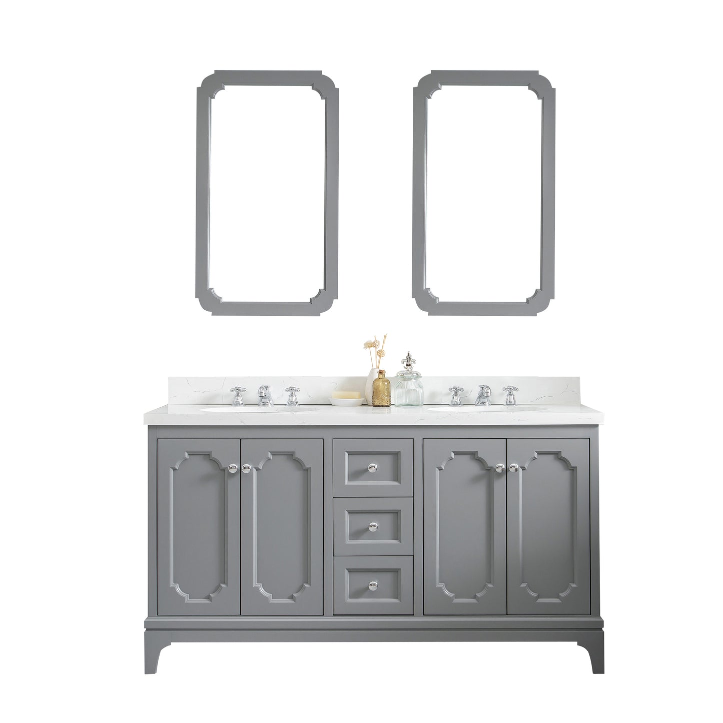 QUEEN 60"W x 34"H Cashmere Gray Double-Sink Vanity with Carrara Quartz Countertop + Faucets & Mirror (F2-0009-01-BX)