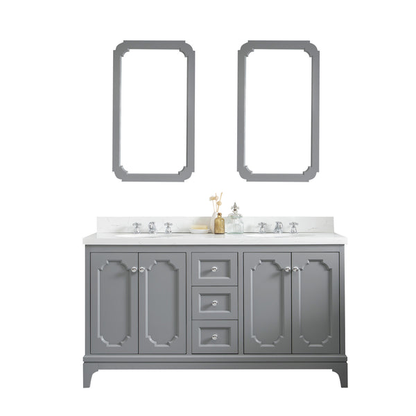 QUEEN 60W x 34H Cashmere Gray Double-Sink Vanity with Carrara Quartz Countertop + Faucets & Mirror (F2-0009-01-BX)