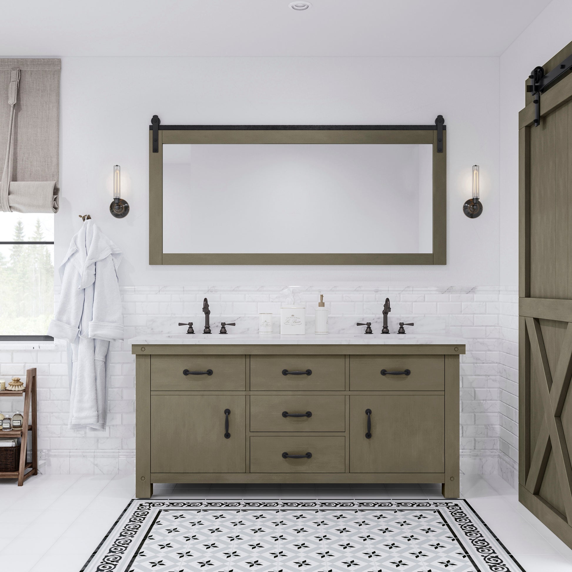 ABERDEEN 72"W x 34"H Grizzle Gray Double-Sink Vanity with Carrara White Marble Countertop + Mirror