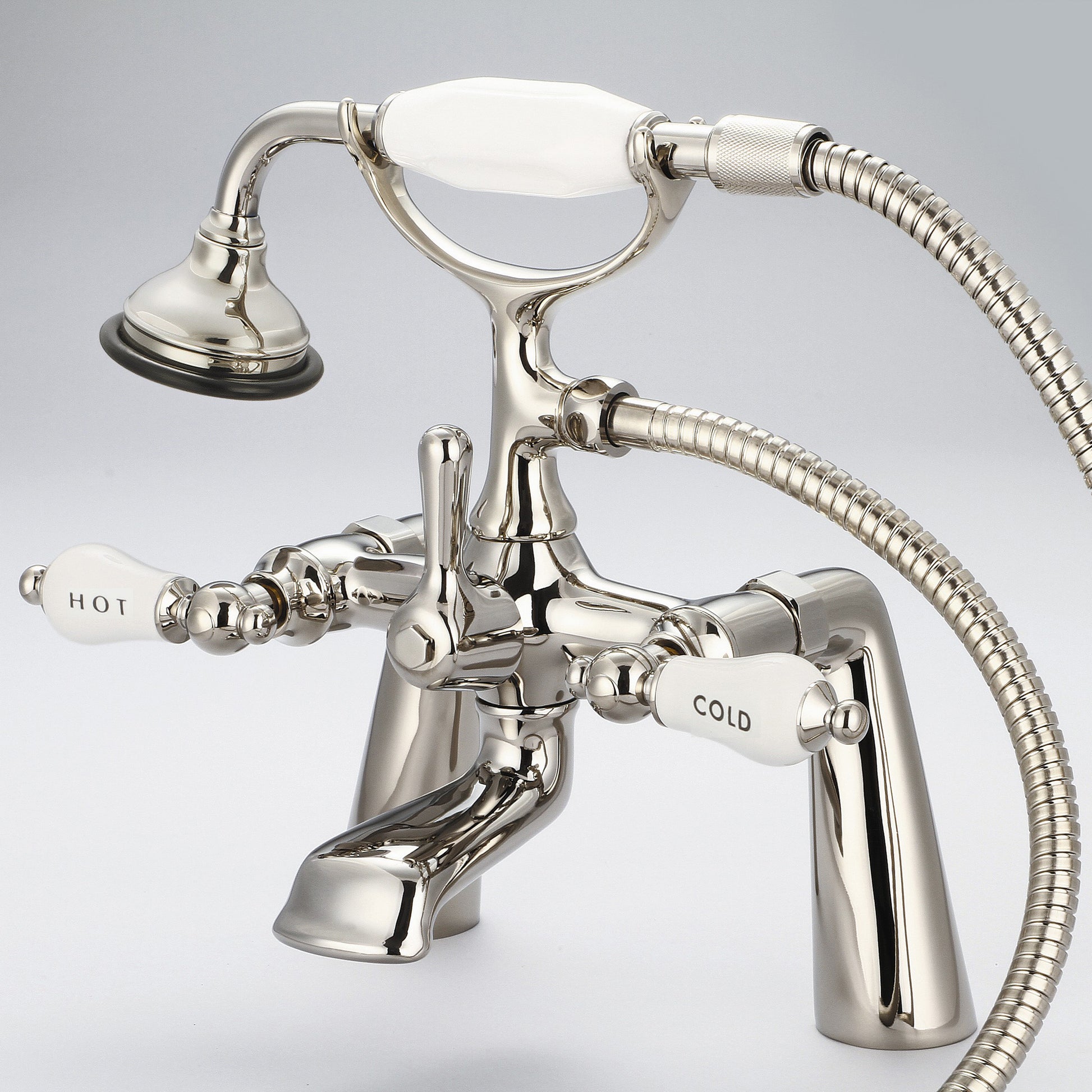 Vintage Classic 7" Spread Deck Mount Tub Faucet With Handheld Shower in Polished Nickel Finish, With Porcelain Lever Handles, Hot And Cold Labels Included