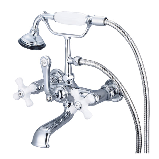 Vintage Classic 7" Spread Wall Mount Tub Faucet With Straight Wall Connector & Handheld Shower in Chrome Finish, With Porcelain Cross Handles, Hot And Cold Labels Included