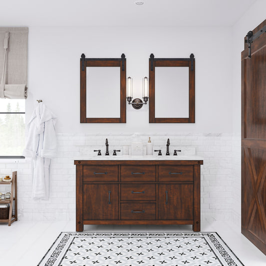 ABERDEEN 60"W x 34"H Sierra Rustic Double-Sink Vanity with Carrara White Marble Countertop + Mirrors