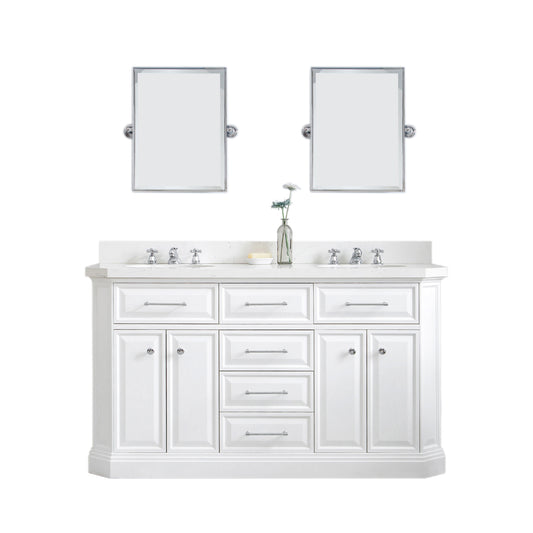 PALACE 60"W x 34"H Pure White Vanity with Carrara Quartz Countertop + Faucets & Mirror (F2-0009), Chrome Finish Hardware & Mirror