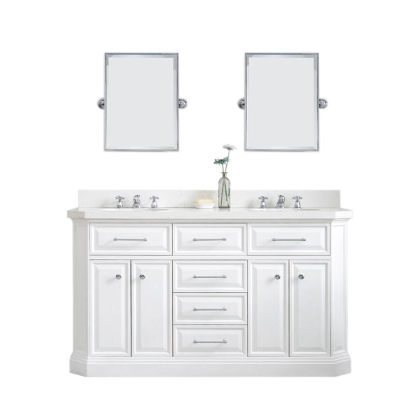 PALACE 60W x 34H Pure White Vanity with Carrara Quartz Countertop + Faucets & Mirror (F2-0009), Chrome Finish Hardware & Mirror