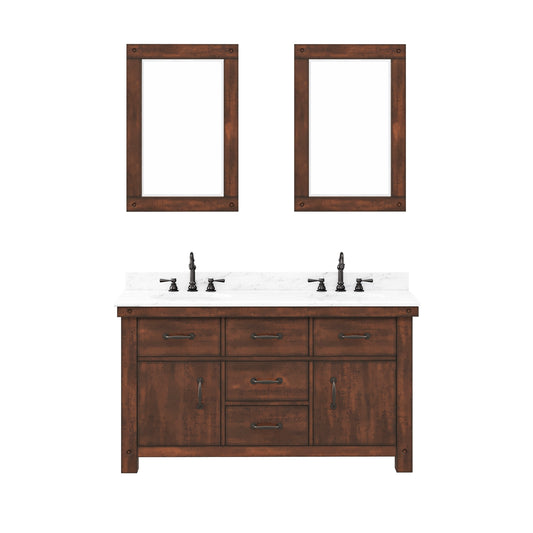 ABERDEEN 60"W x 34"H Sierra Rustic Double-Sink Vanity with Carrara White Marble Countertop + Mirrors