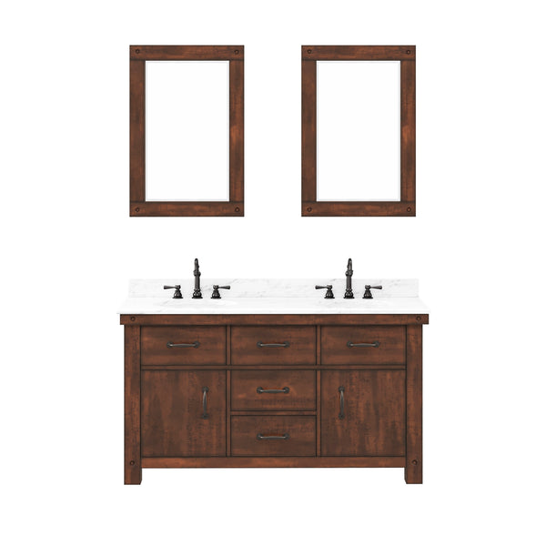 ABERDEEN 60W x 34H Sierra Rustic Double-Sink Vanity with Carrara White Marble Countertop + Mirrors