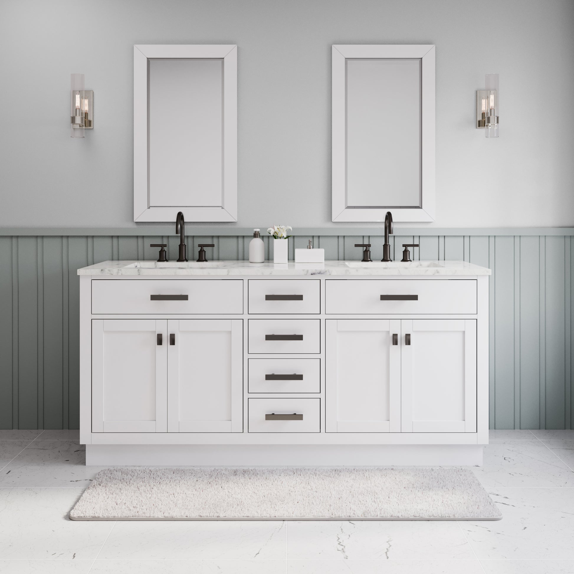 HARTFORD 72"W x 34"H Pure White Double-Sink Vanity with Carrara White Marble Countertop + Gooseneck Faucet and Rectangular Mirror (S)