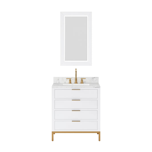 BRISTOL 30"W x 34"H Pure White Single-Sink Vanity with Carrara White Marble Countertop + Satin Gold Gooseneck Faucet and Rectangular Mirror (S)