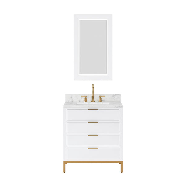 BRISTOL 30W x 34H Pure White Single-Sink Vanity with Carrara White Marble Countertop + Satin Gold Gooseneck Faucet and Rectangular Mirror (S)