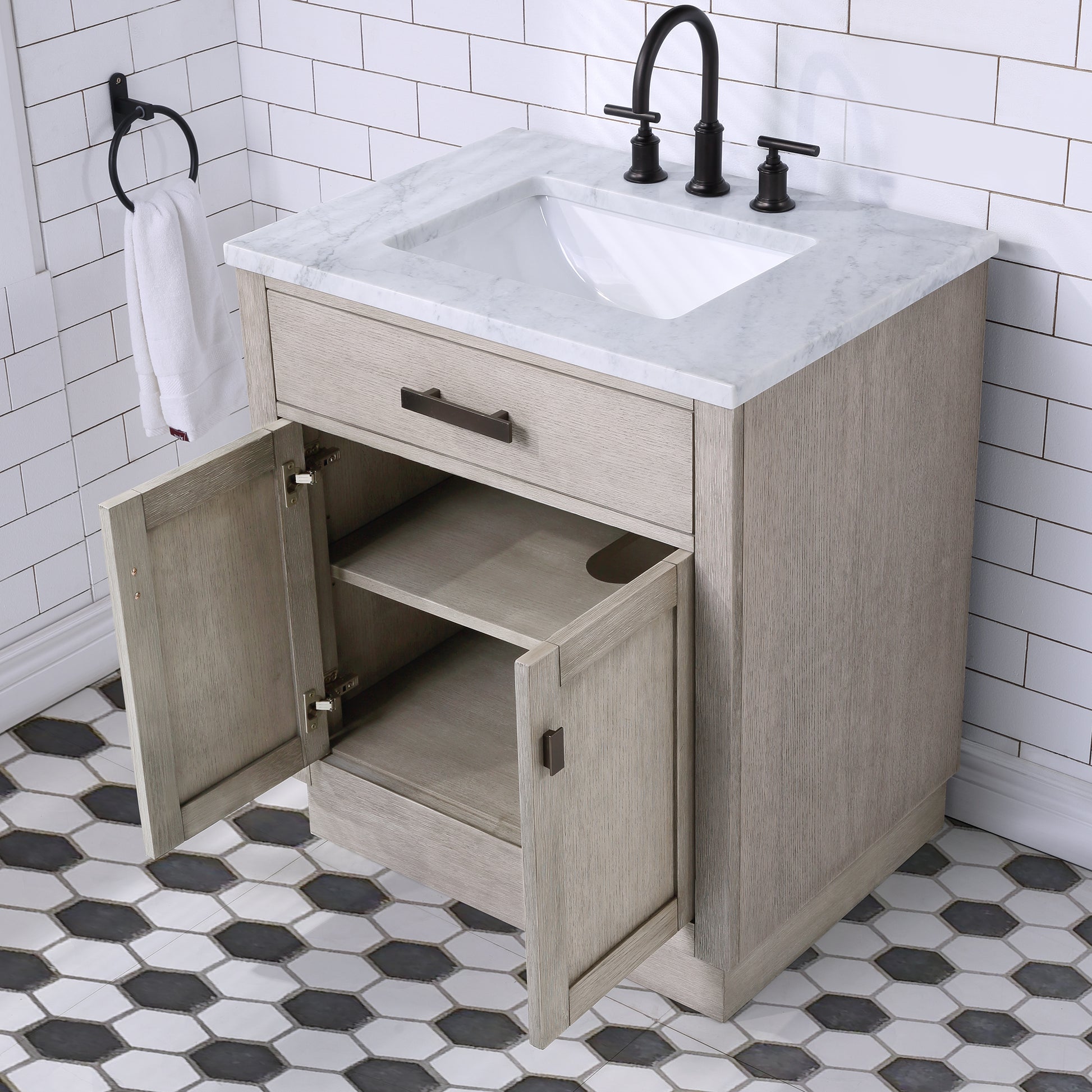 CHESTNUT 30"W x 34.2"H Gray Oak Single-Sink Vanity with Carrara White Marble Countertop