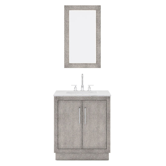 HUGO 30"W x 34.3"H Gray Oak Single-Sink Vanity with Carrara White Marble Countertop + Gooseneck Faucet and Mirror