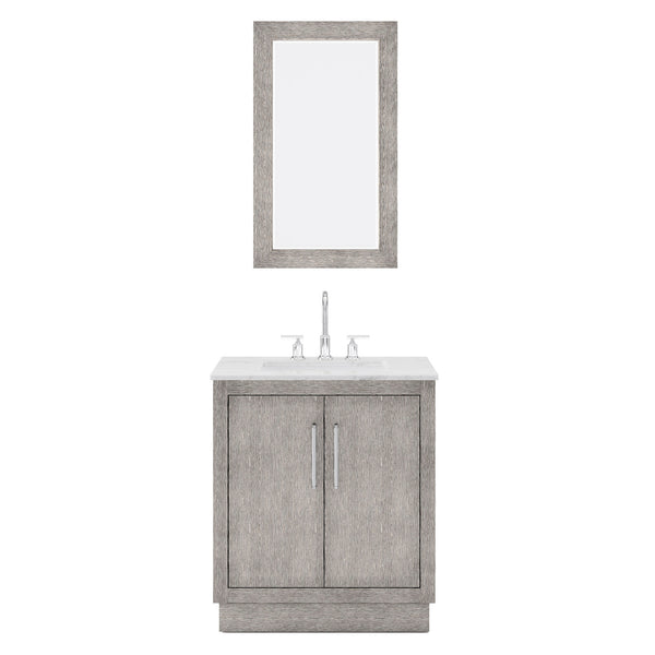 HUGO 30W x 34.3H Gray Oak Single-Sink Vanity with Carrara White Marble Countertop + Gooseneck Faucet and Mirror